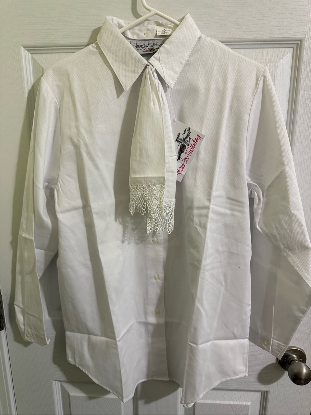 Diane Von Furstenberg The Color Authority White Button-Front Blouse w/ Lace Tie